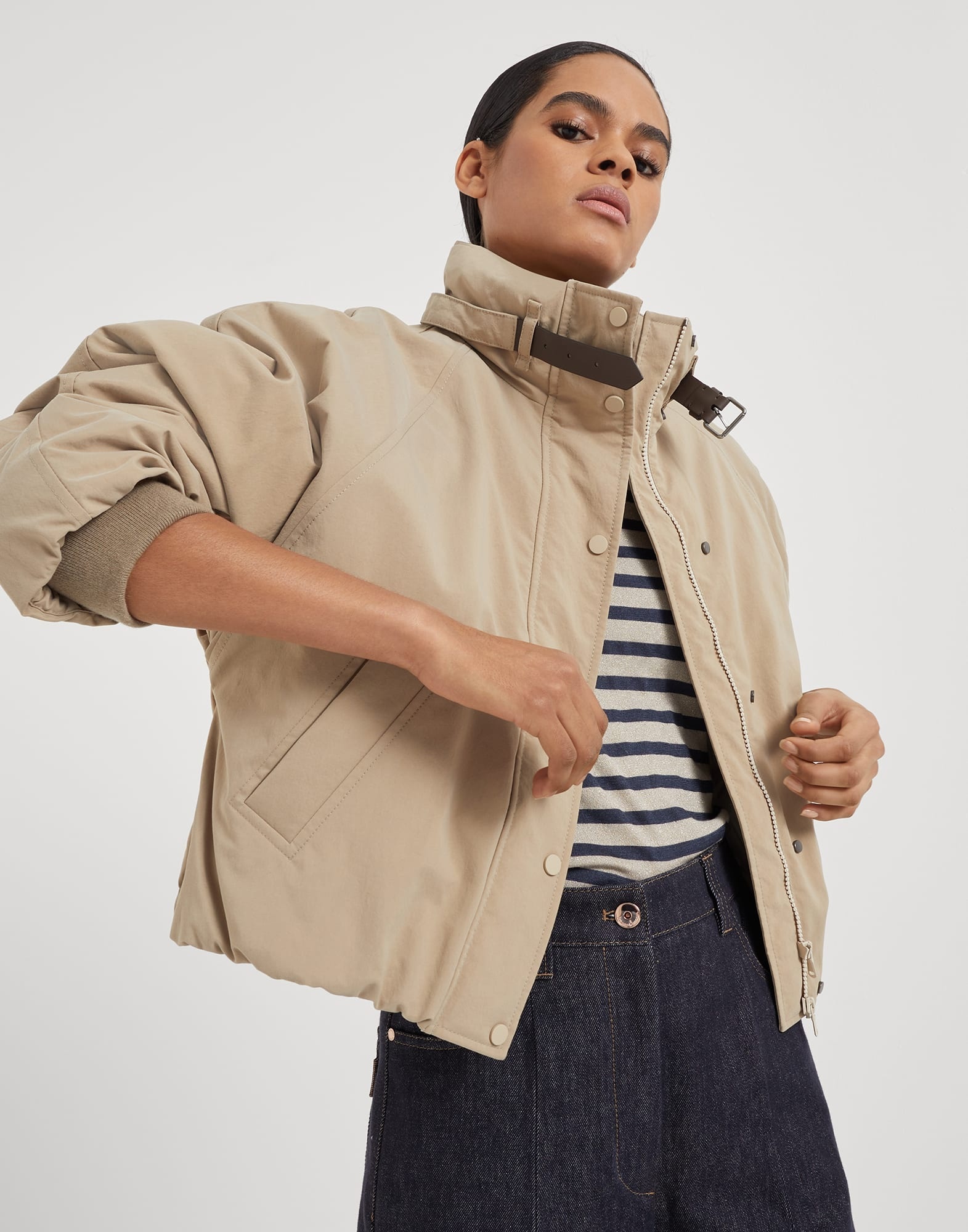 Techno canvas outerwear jacket with leather belt detail and monili - 4