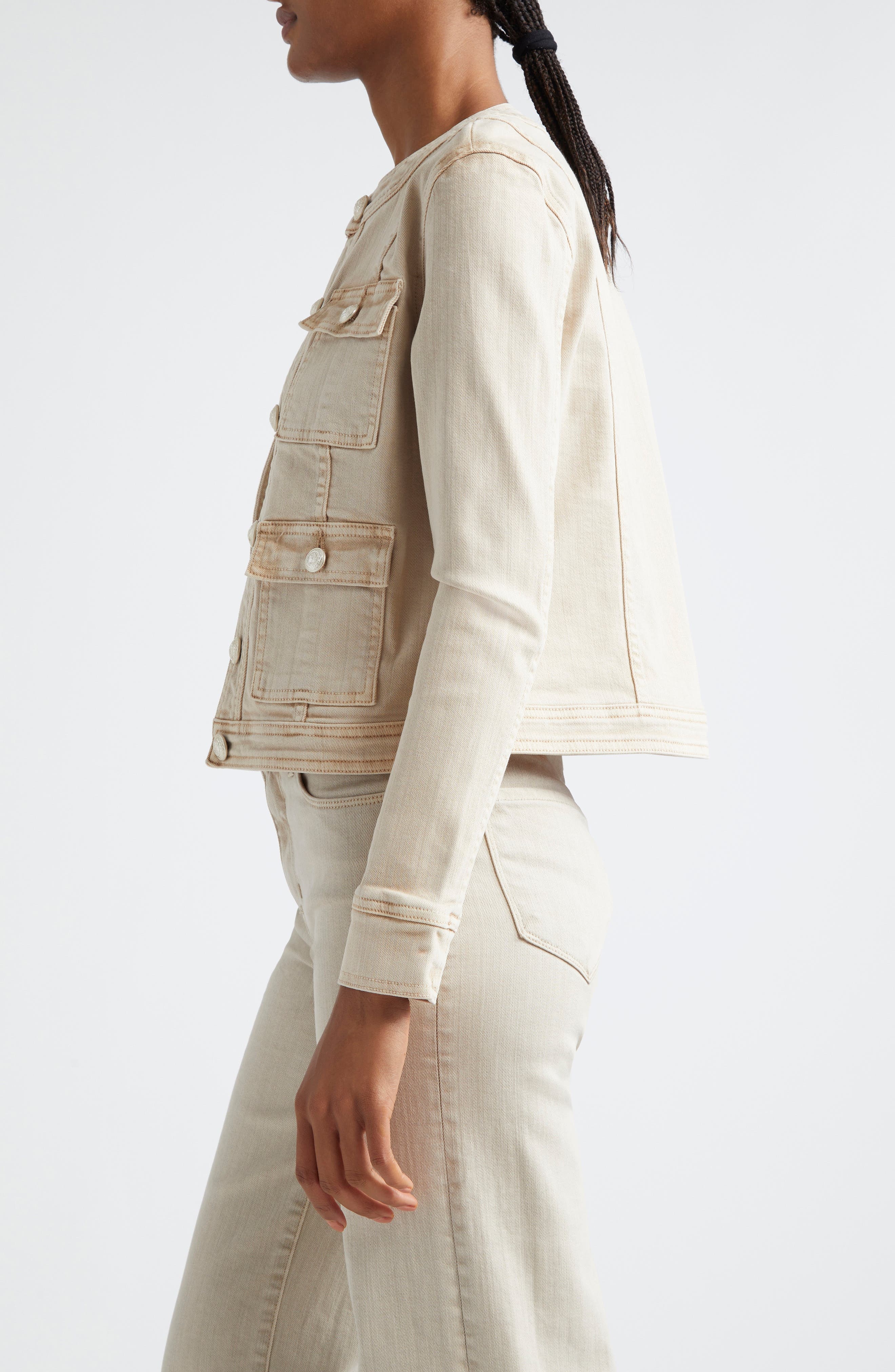 L'AGENCE Yari Collarless Stretch Cotton Jacket in Biscuit at Nordstrom - 4