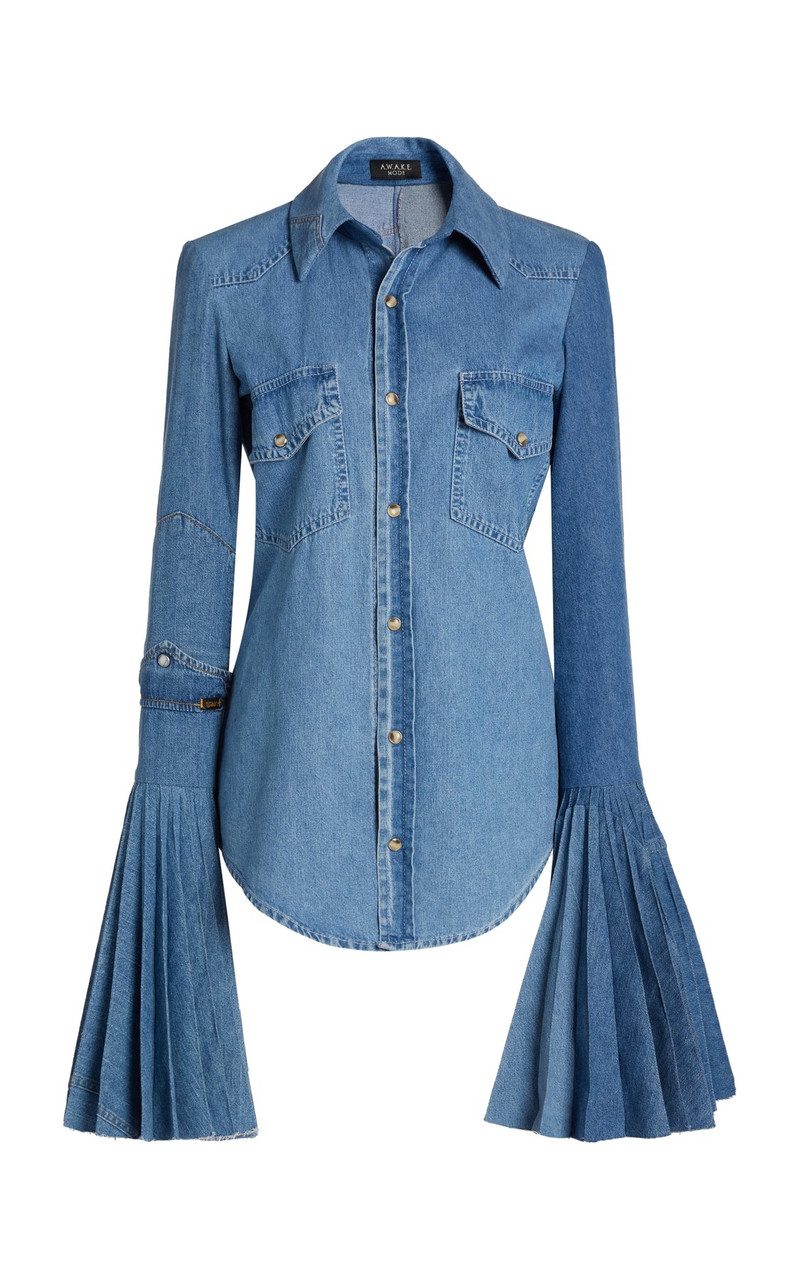 RECYCLED DENIM SHIRT WITH PLEATED BELL SLEEVES BLUE 13
