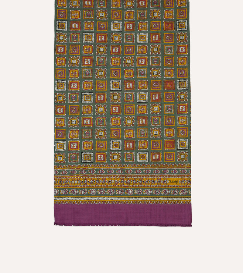 Purple and Green Medallion Print Tubular Wool Silk Scarf 3