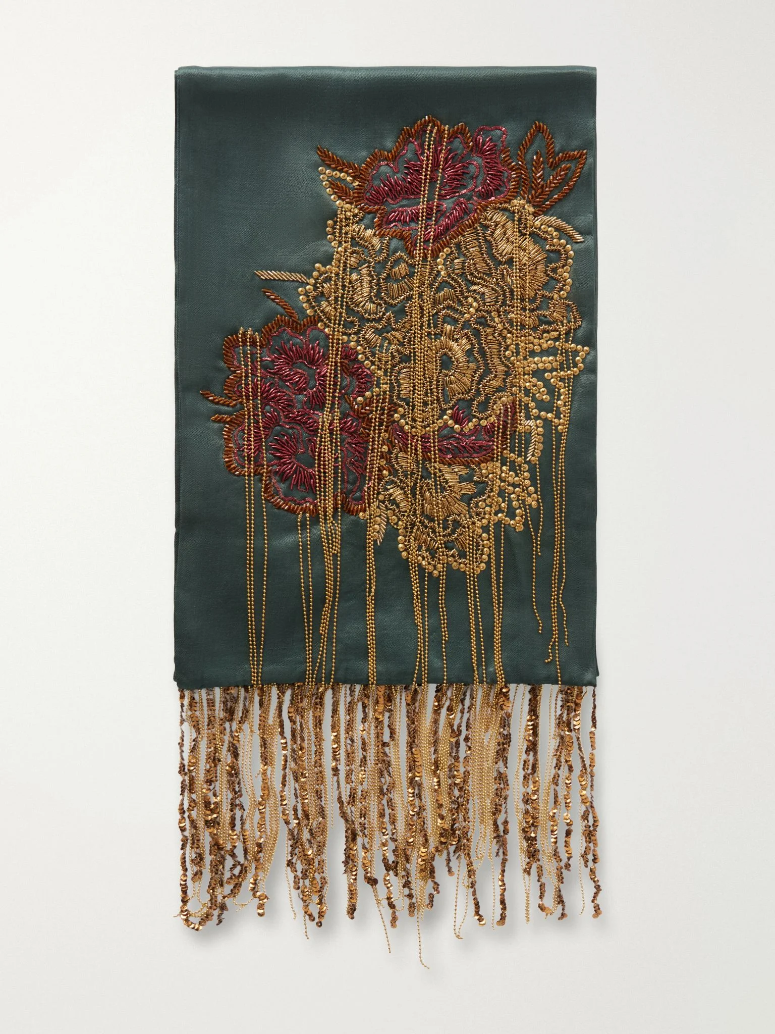Fringed bead-embellished silk scarf Army green - 1