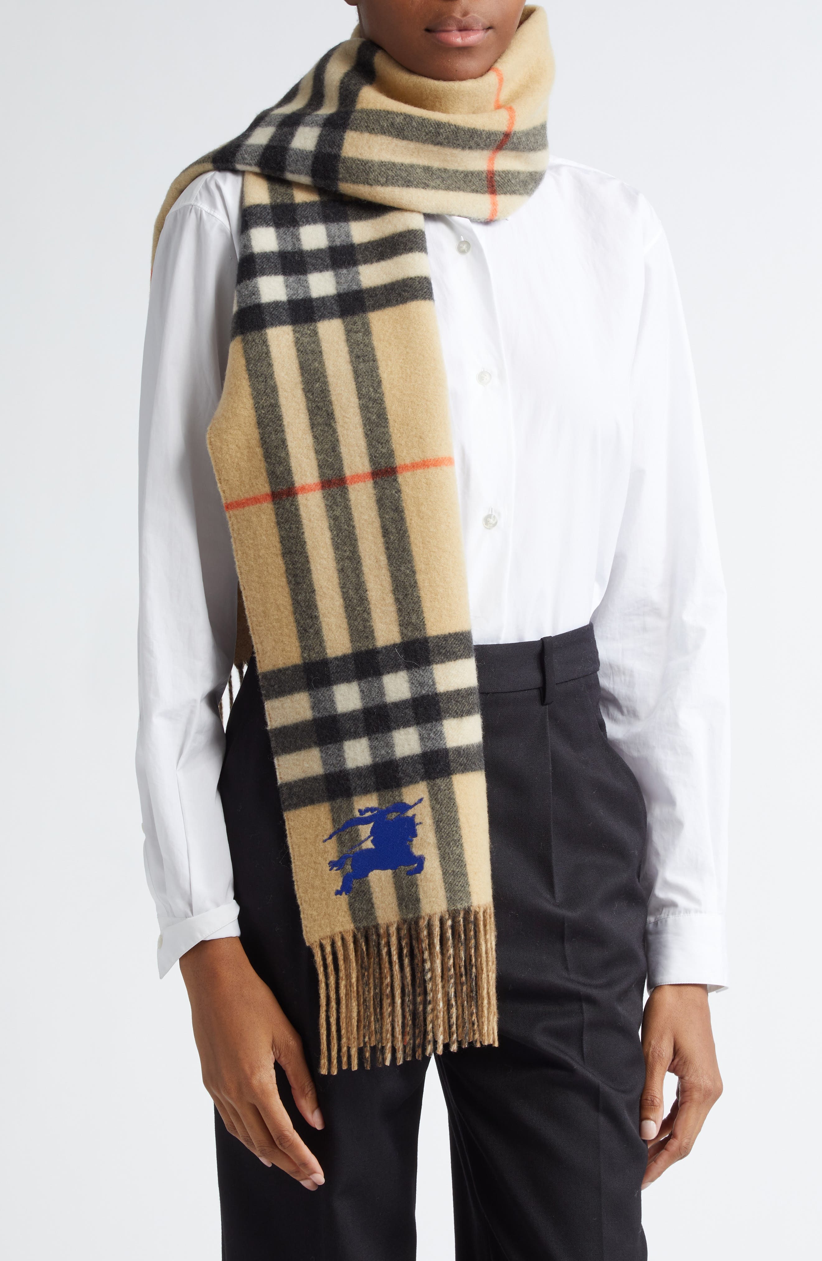 burberry Equestrian Knight Design Check Reversible Fringe Cashmere Scarf in Sand at Nordstrom - 2