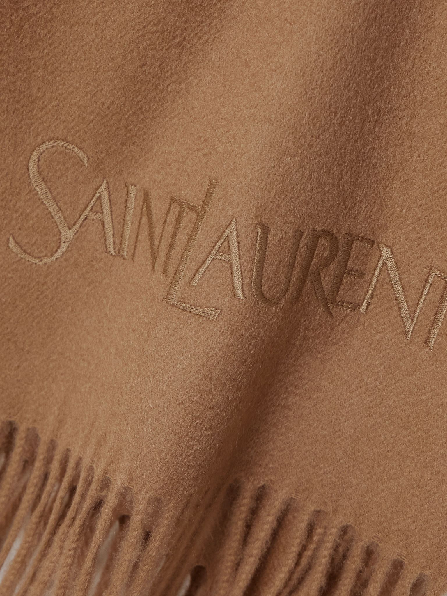 Fringed embroidered cashmere scarf Light brown - 3