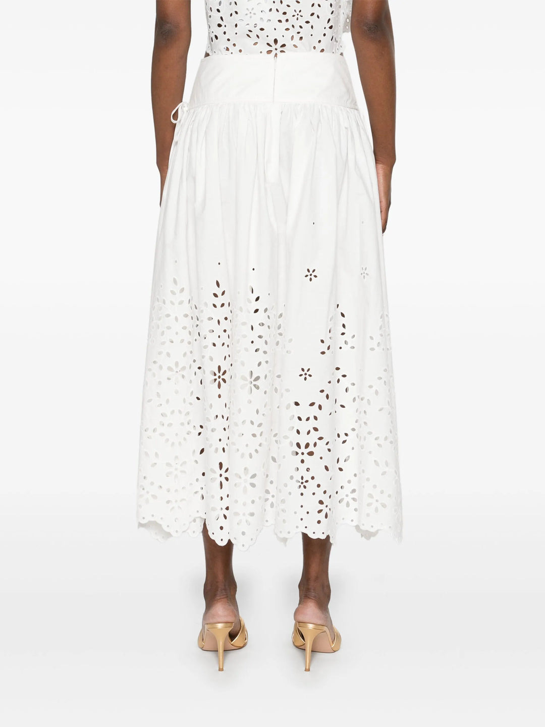 White Cotton Embroidered Midi Skirt - 4