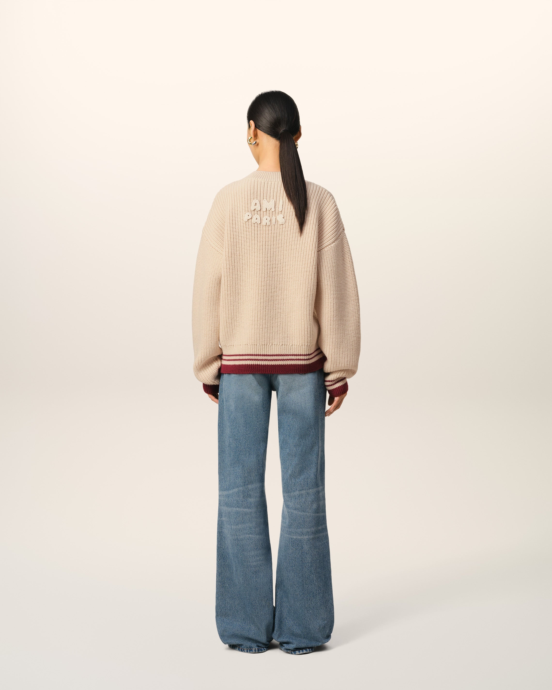 BEIGE WOOL RIBBED V NECK SWEATER - 5