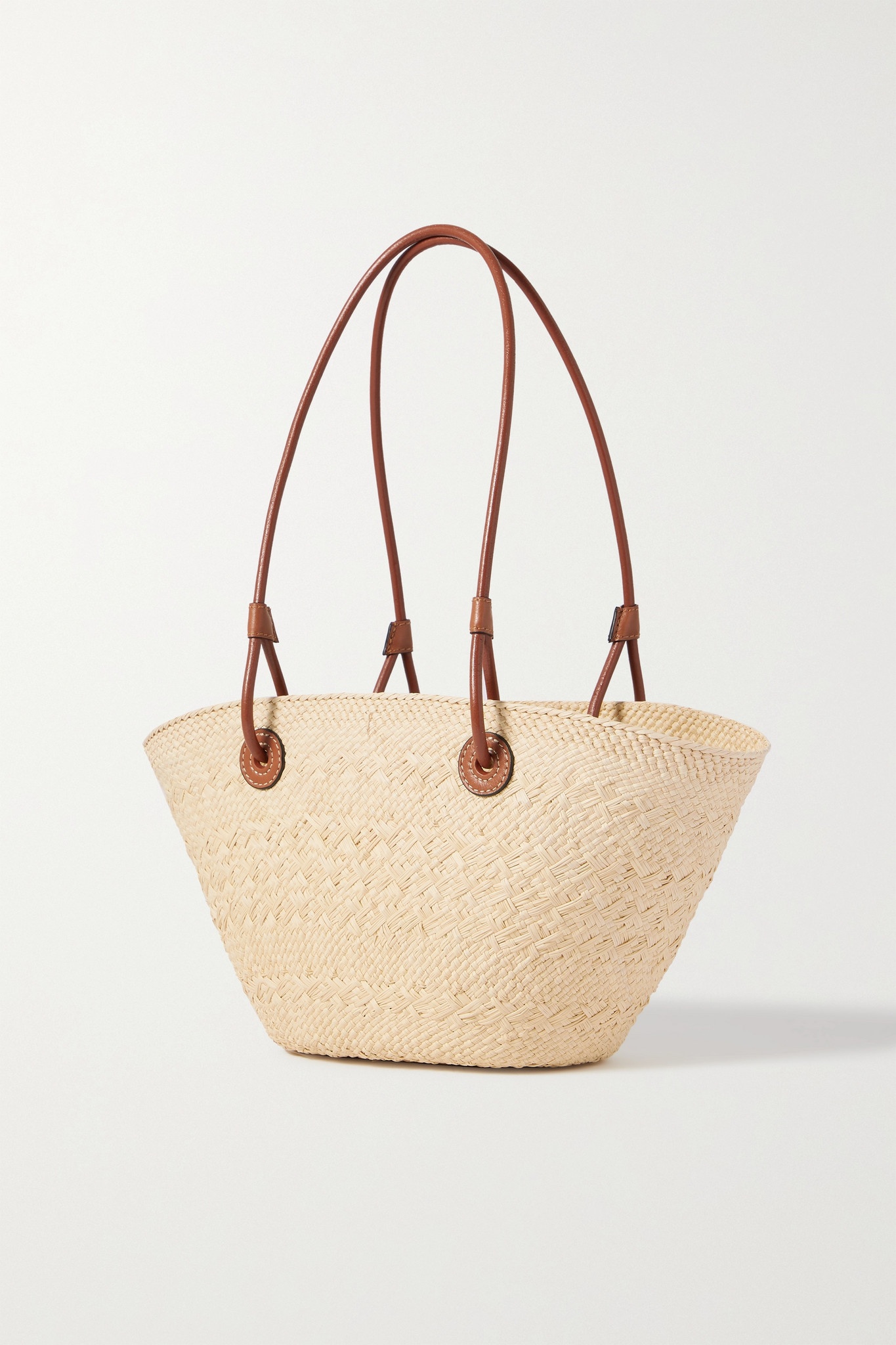 + Paula's Ibiza small leather-trimmed woven raffia tote - 3