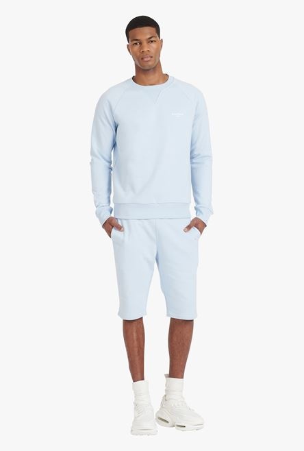 Pale blue eco-designed cotton sweatshirt with small flocked white Balmain Paris logo - 2