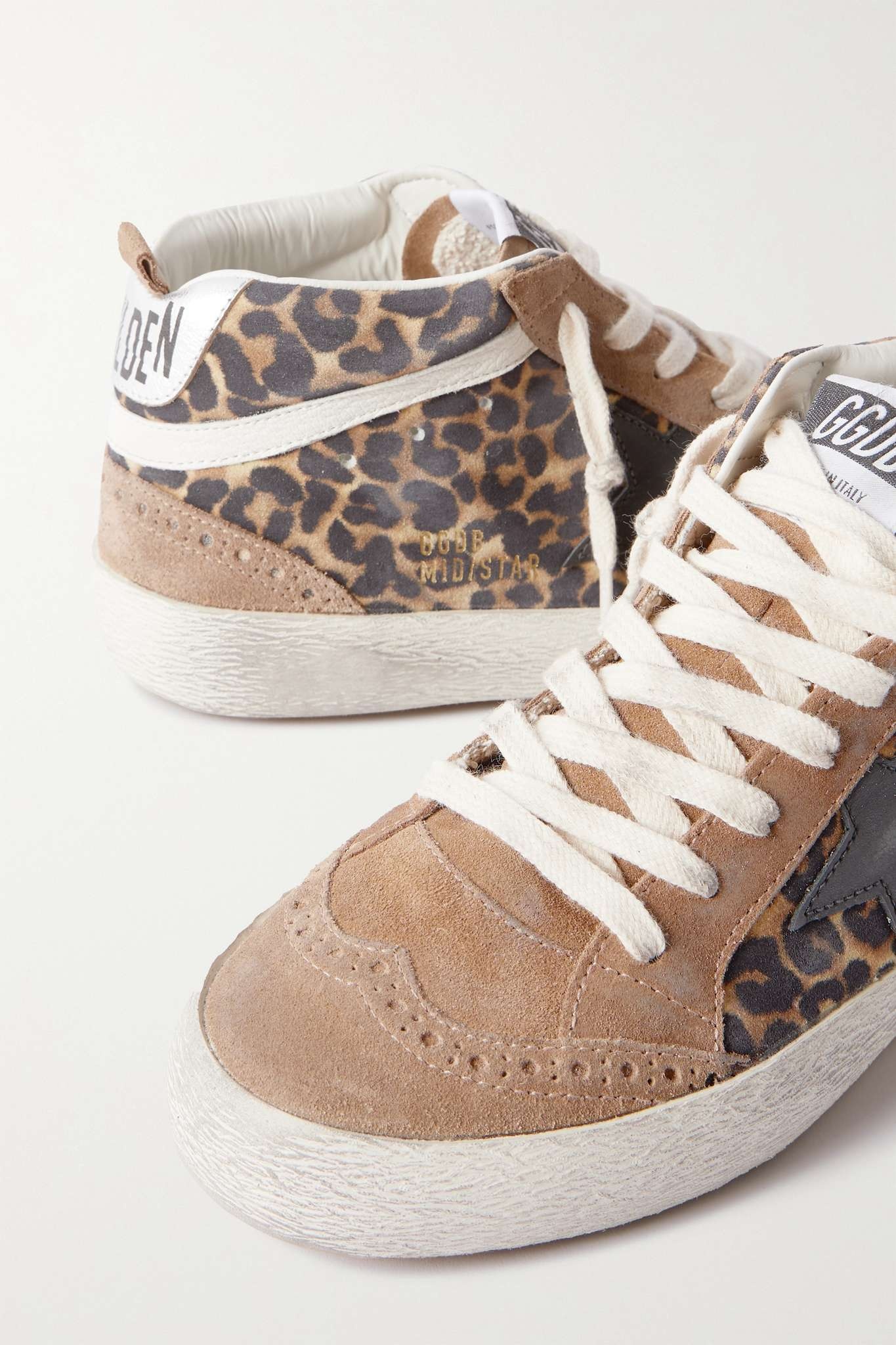 Mid Star embellished distressed leopard-print calf hair, leather and suede sneakers - 4