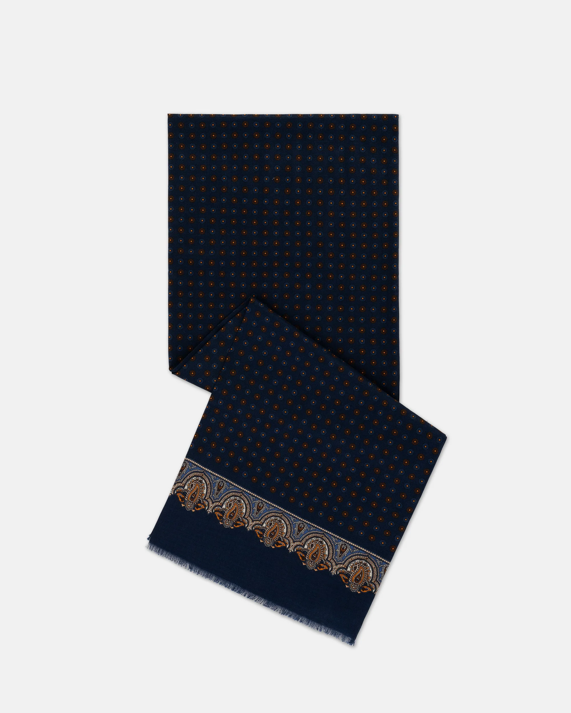 MADE-IN-ENGLAND NAVY FOULARD WOOL/SILK SCARF - 1