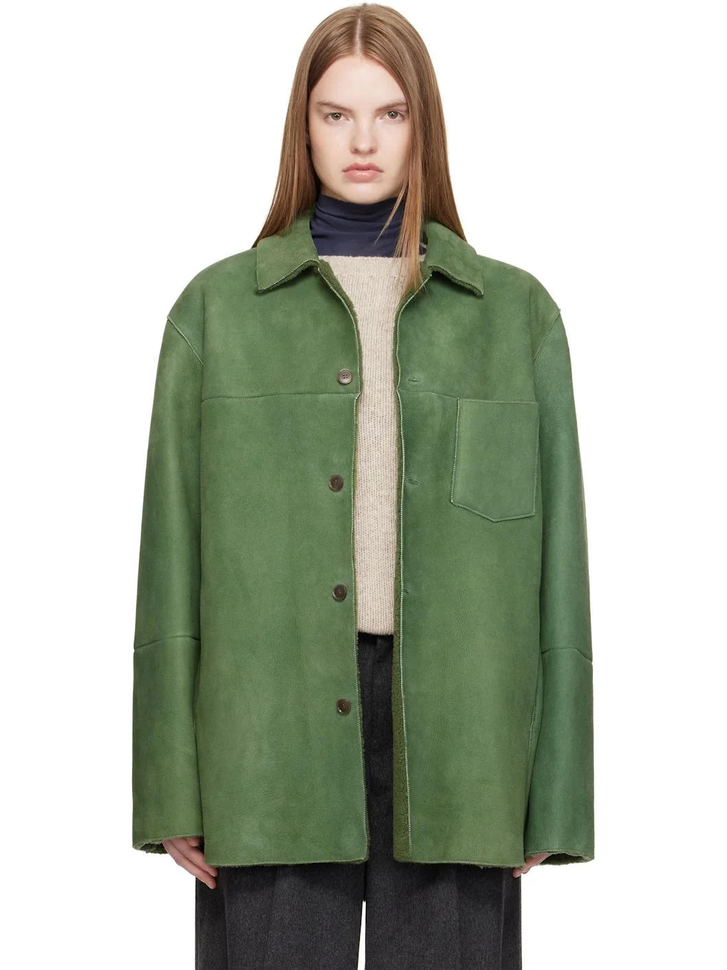 Green Merino Mouton Shearling Shirt Jacket - 1