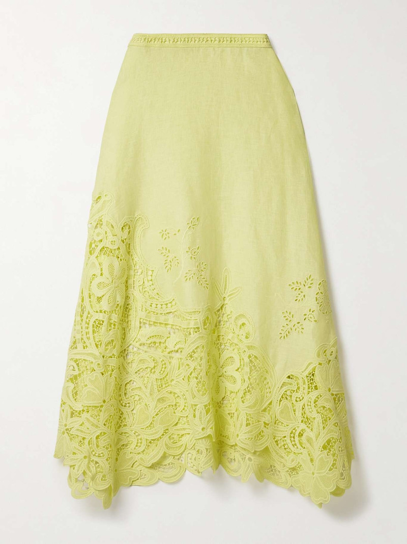 Rae guipure lace-paneled linen midi skirt Chartreuse - 1