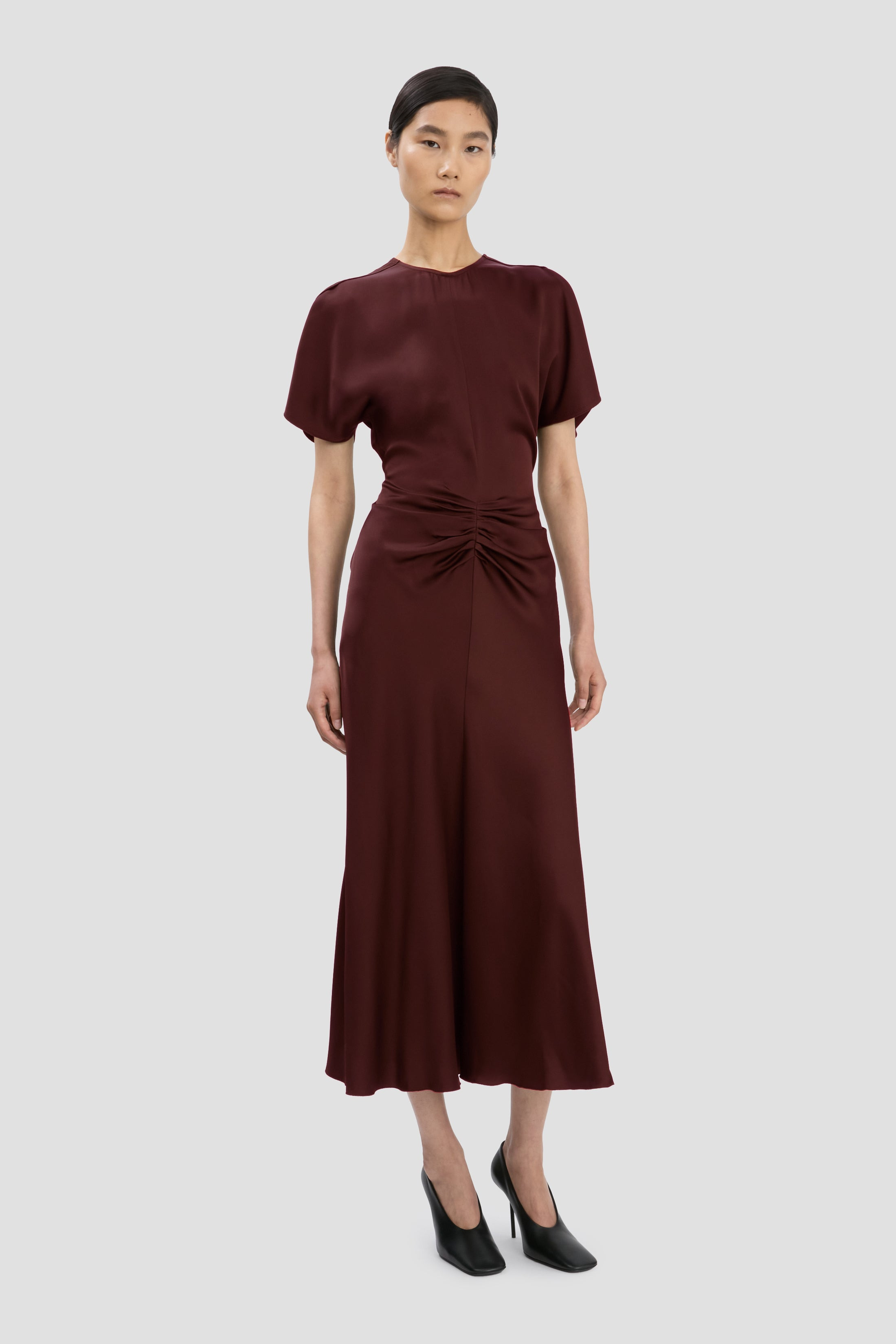 Gathered Waist Midi Dress In Merlot - 3