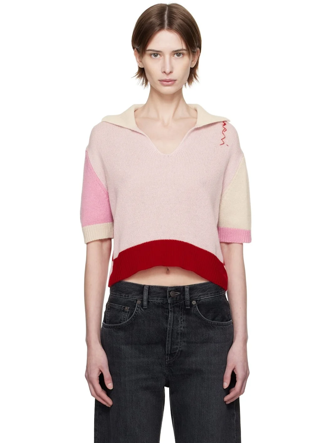 Pink & Red Cashmere Colour Block Polo - 1