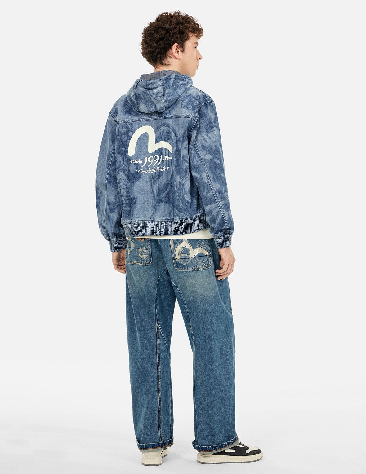 Fisherman Godhead Laser Print Loose Fit Hooded Denim Jacket - 4