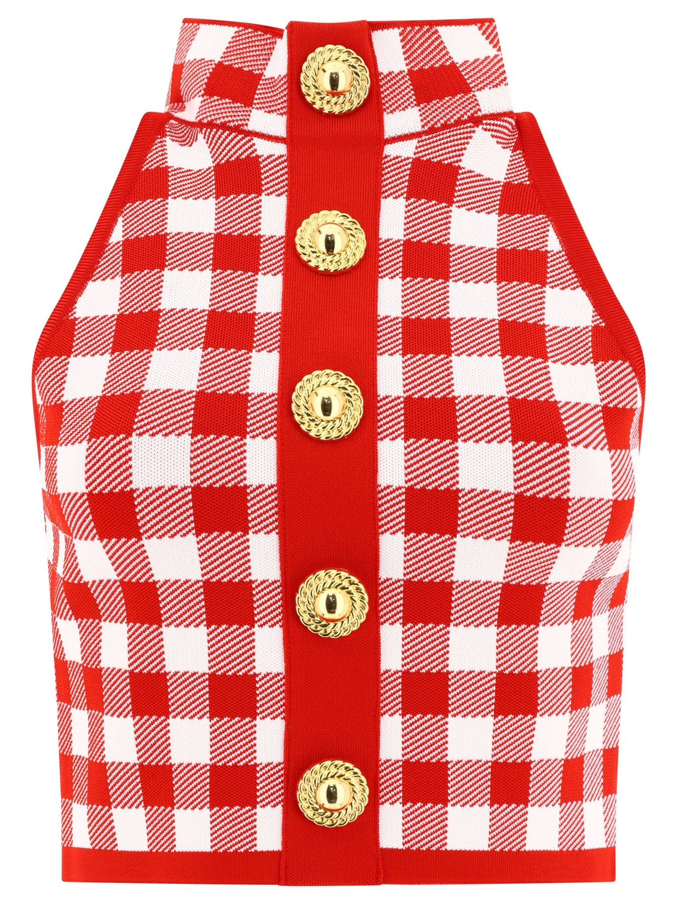 Fine Gingham Knit Sleeveless Top Tops Red - 1