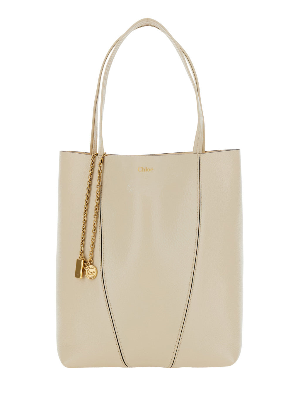 Chloé Women 'Spin' Beige Shoulder Bag With Metal Logo Medals In Grained Leather Woman - 6