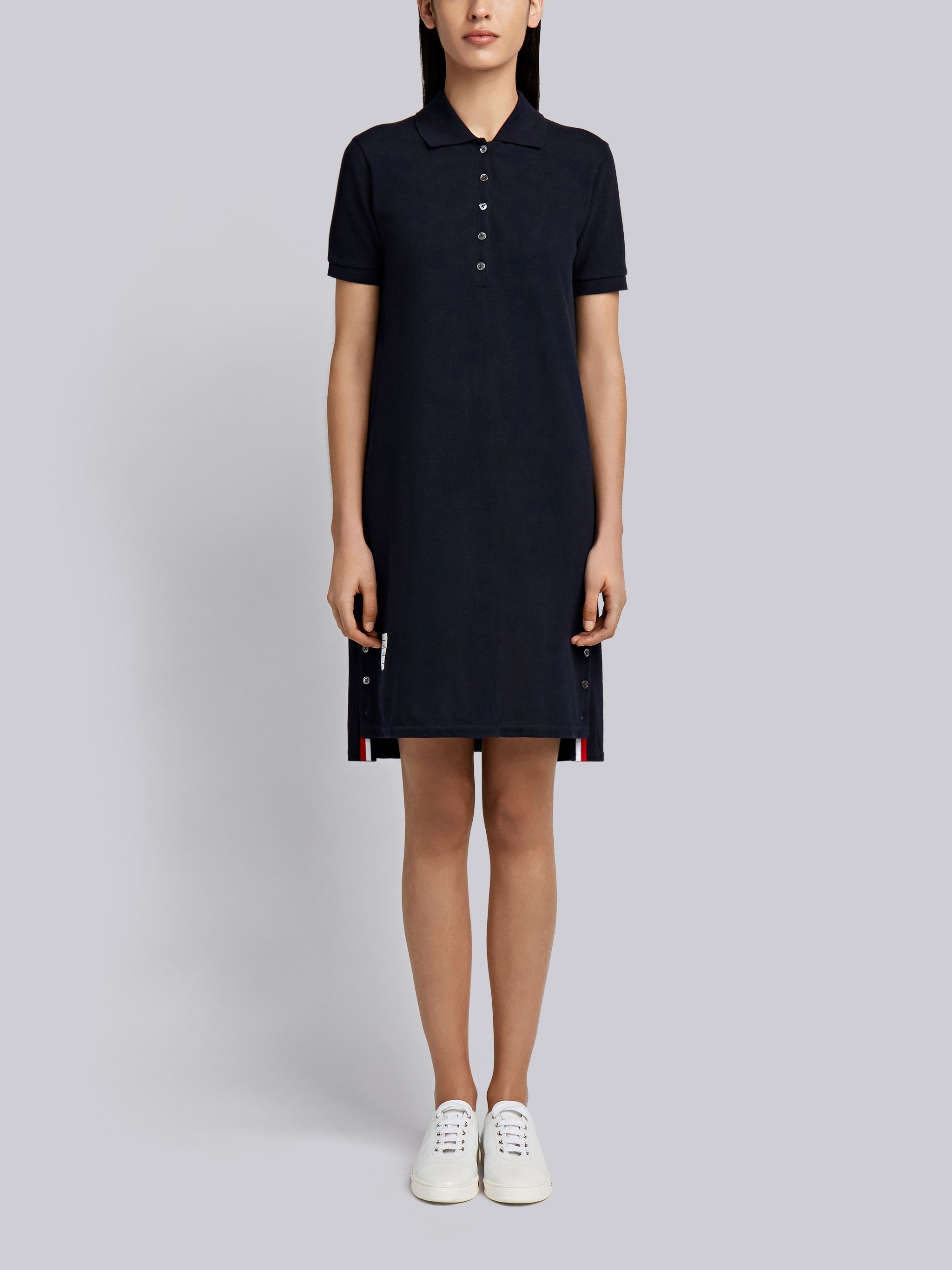 Navy Stripe Cotton Pique Fitted A-line Short Sleeve Polo Shirtdress - 4