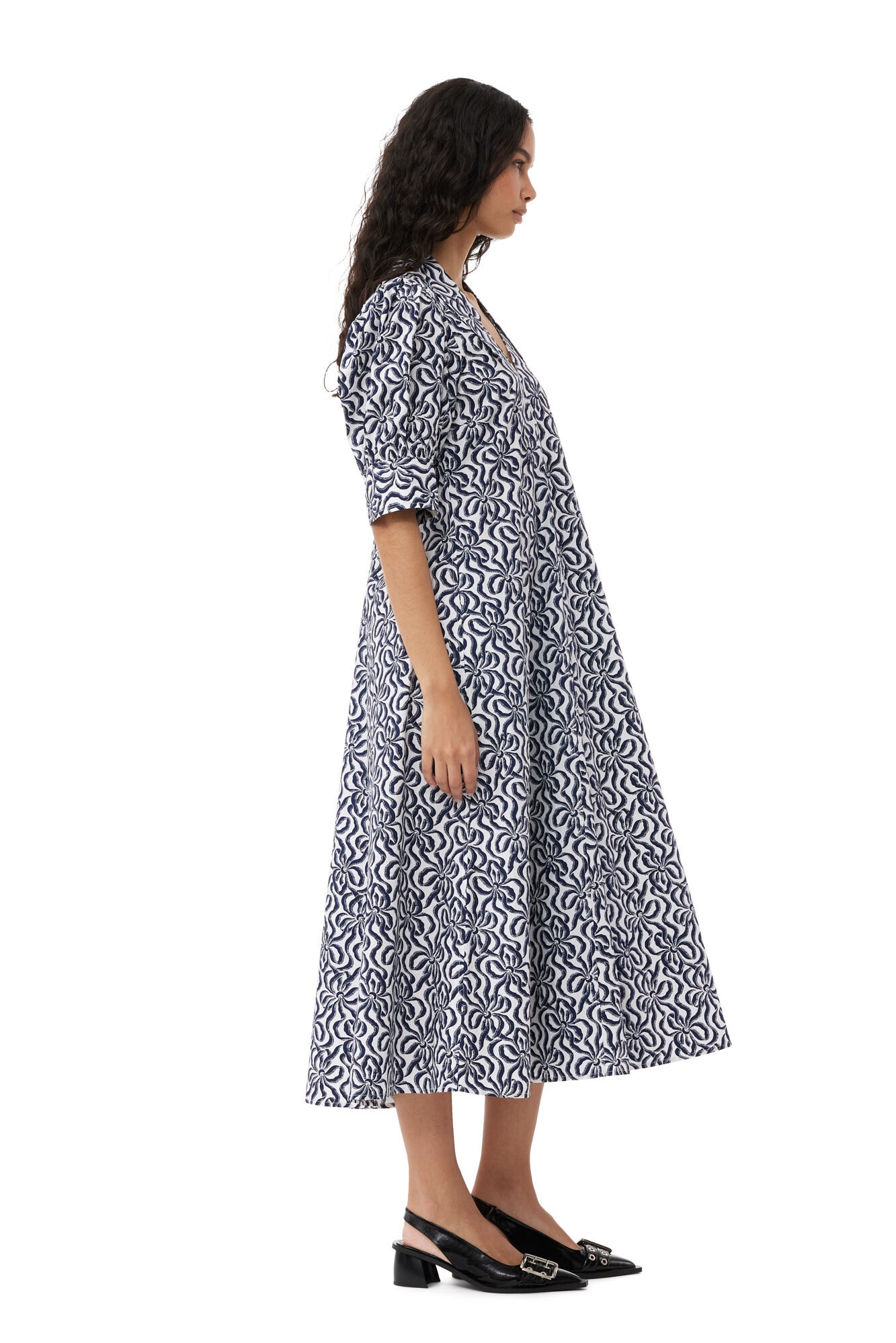 PRINTED COTTON POPLIN V-NECK LONG DRESS - 5