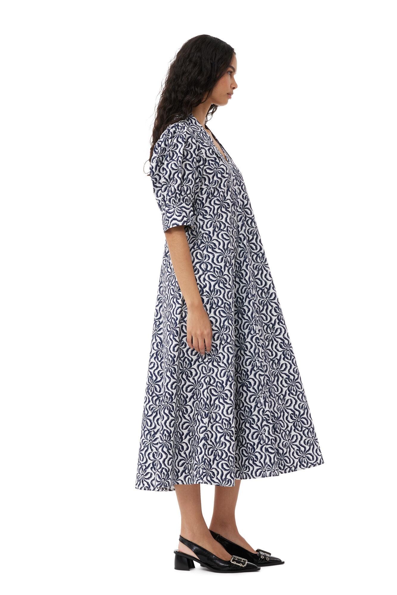 PRINTED COTTON POPLIN V-NECK LONG DRESS - 4