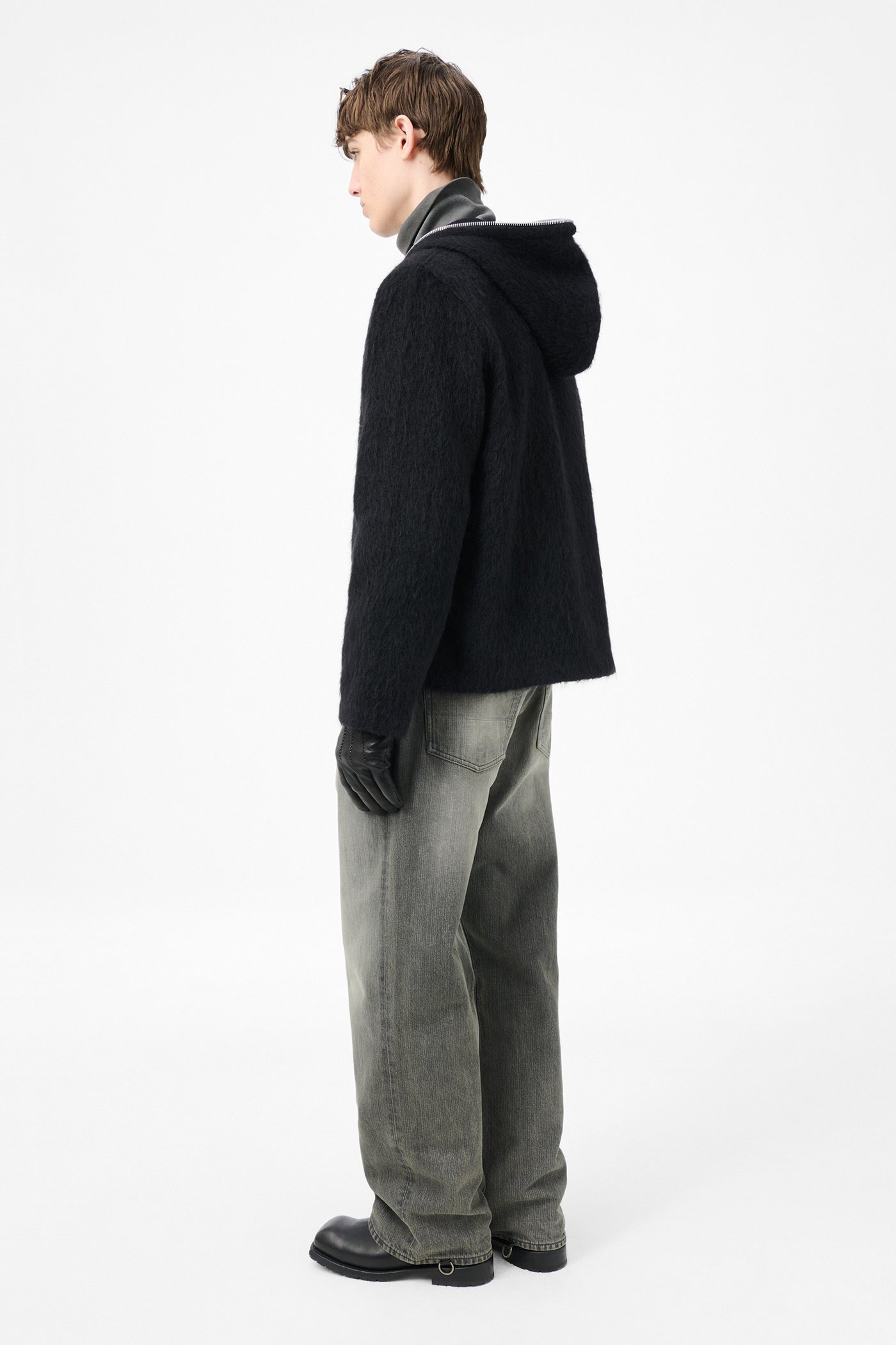 Full Zip Hood Black Hairy Wool - 5