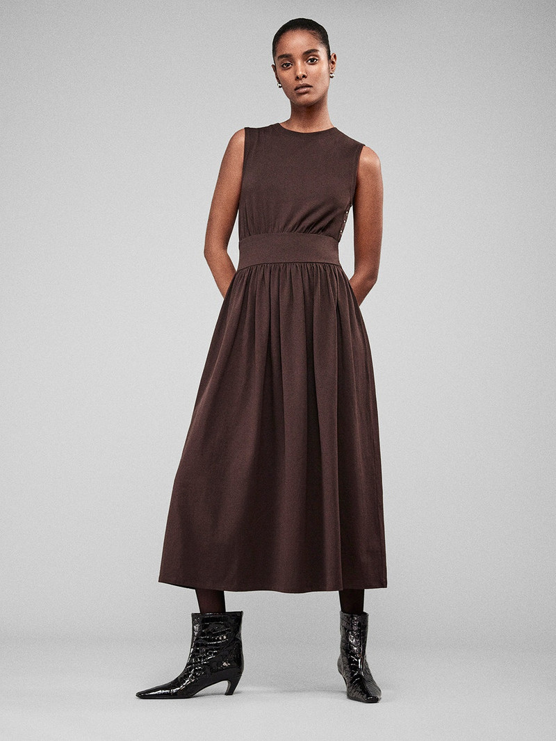 FRAME Banded Jersey Button Dress in Chocolate Brown outlook
