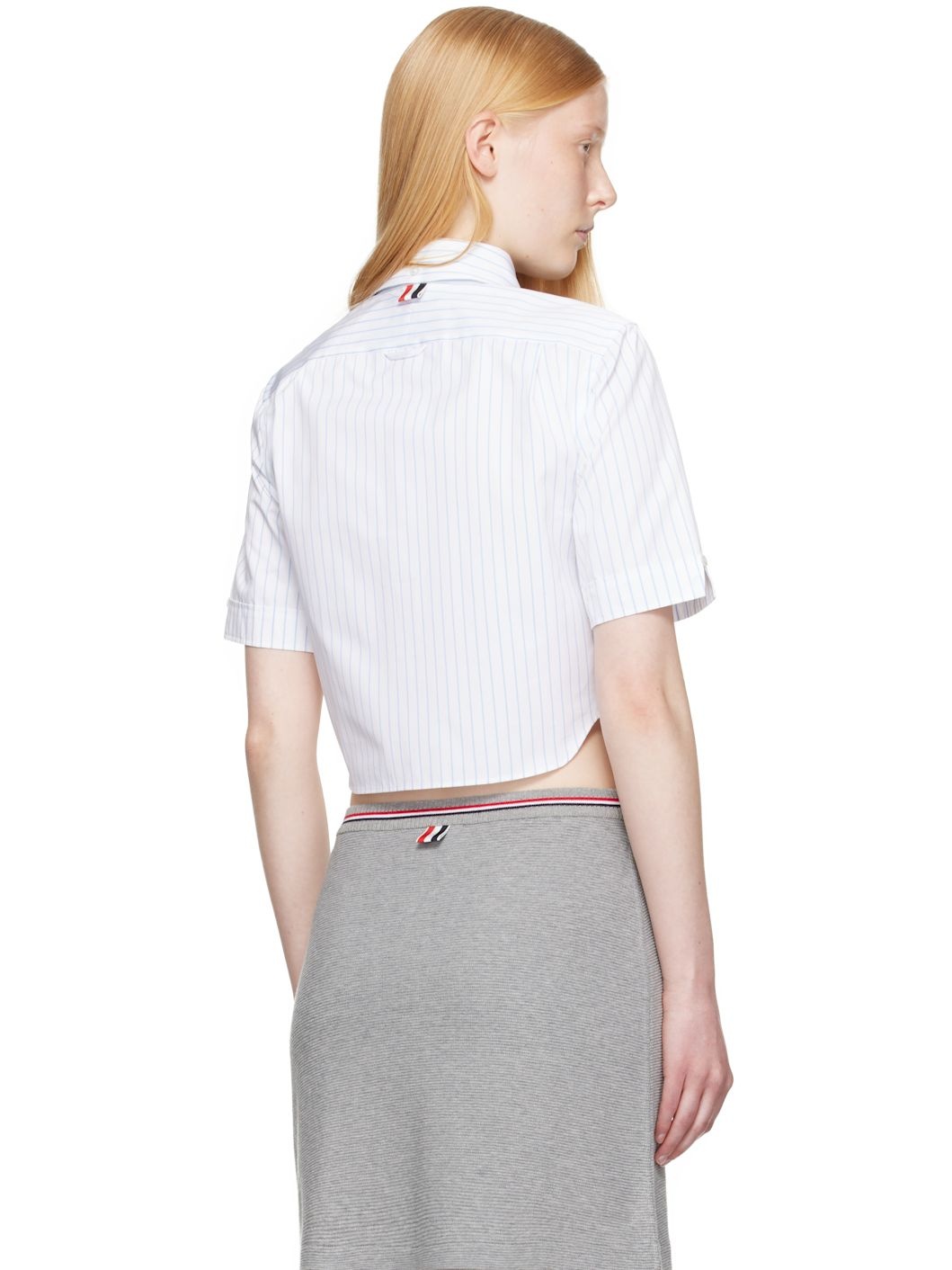 White Pinstripe Poplin Cropped Short Sleeve Shirt - 3