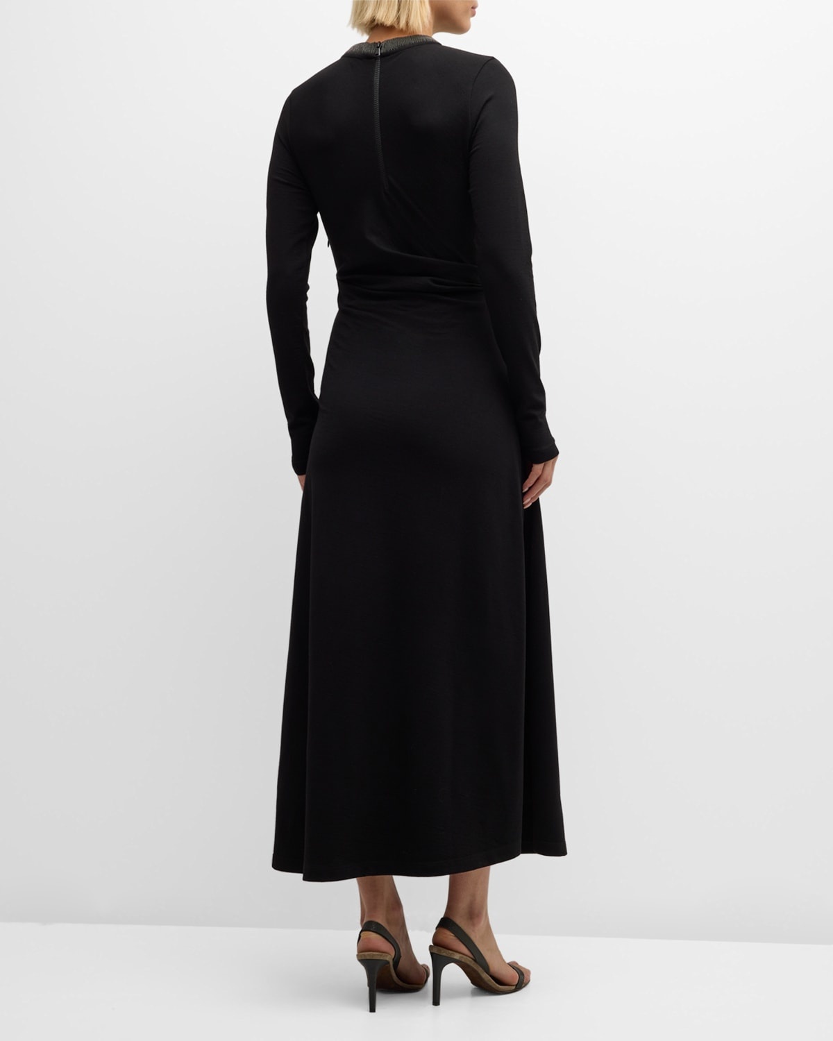 Monili-Collar Long-Sleeve Draped Jersey Maxi Dress - 6