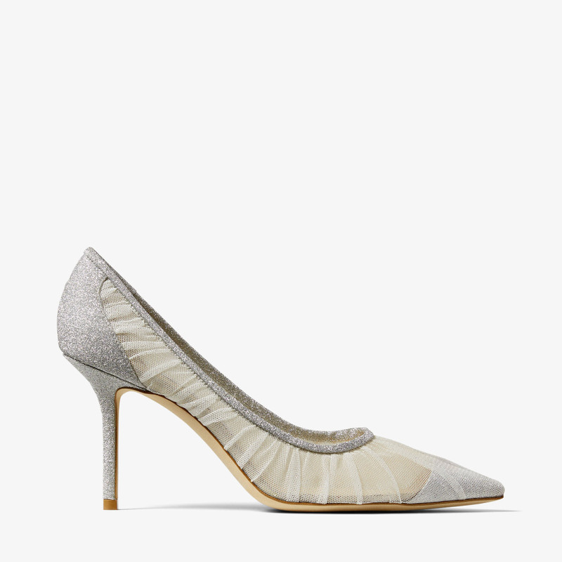 Love 85 Metallic Silver Glitter Fabric Pumps with Ivory Tulle Overlay - 1