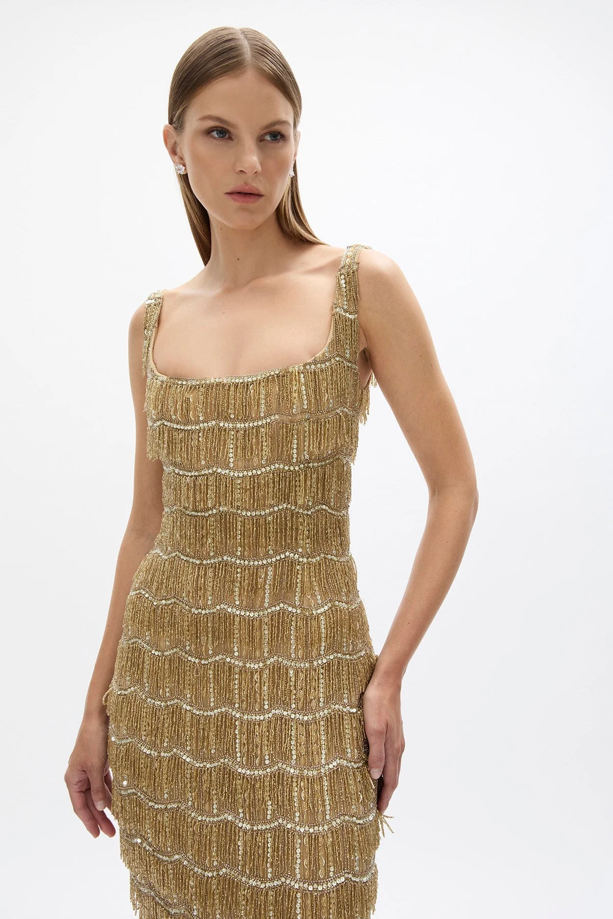 green emerald velvet dress NADINE MERABI SADIE GOLD BEADED FRINGE MIN