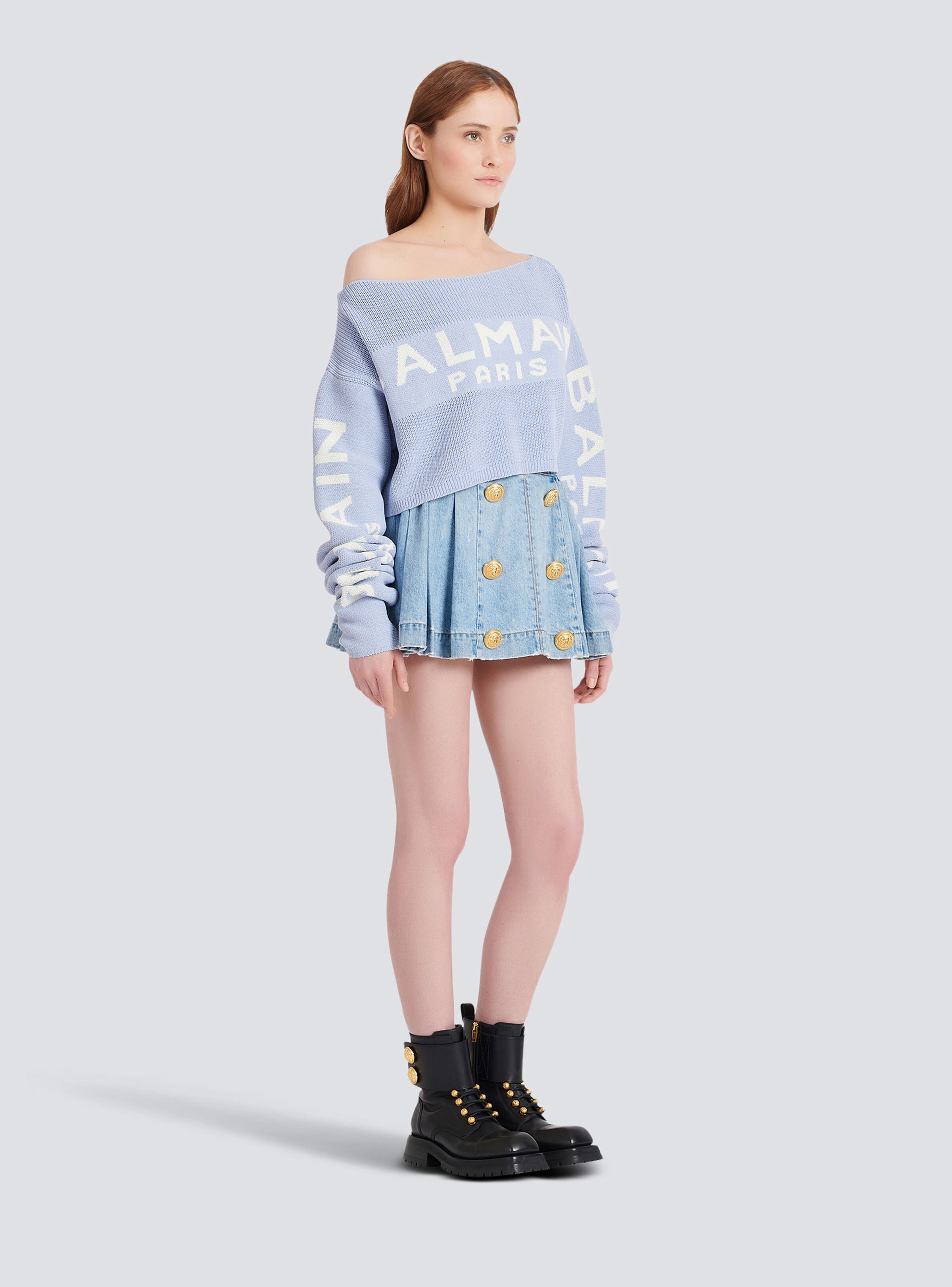 Cropped knit sweater with graffiti Balmain logo print - 5