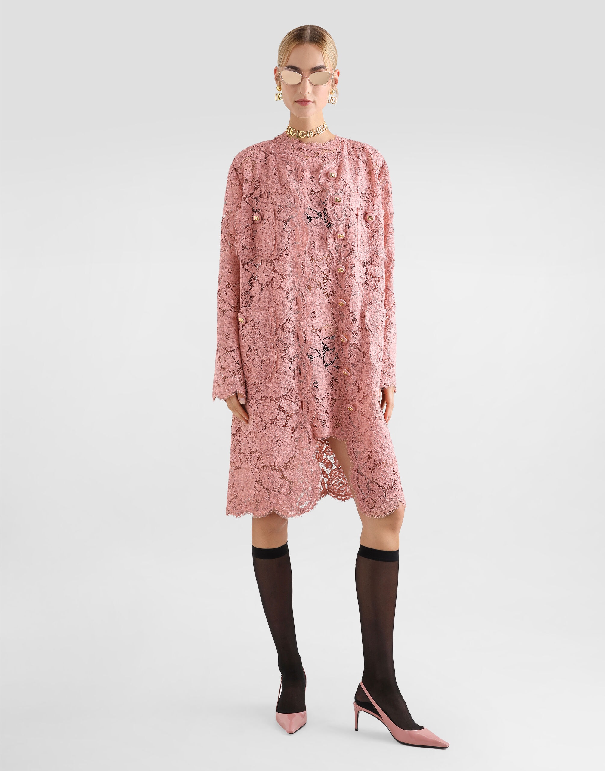 Sleeveless floral lace A-line dress with DG logo - 2