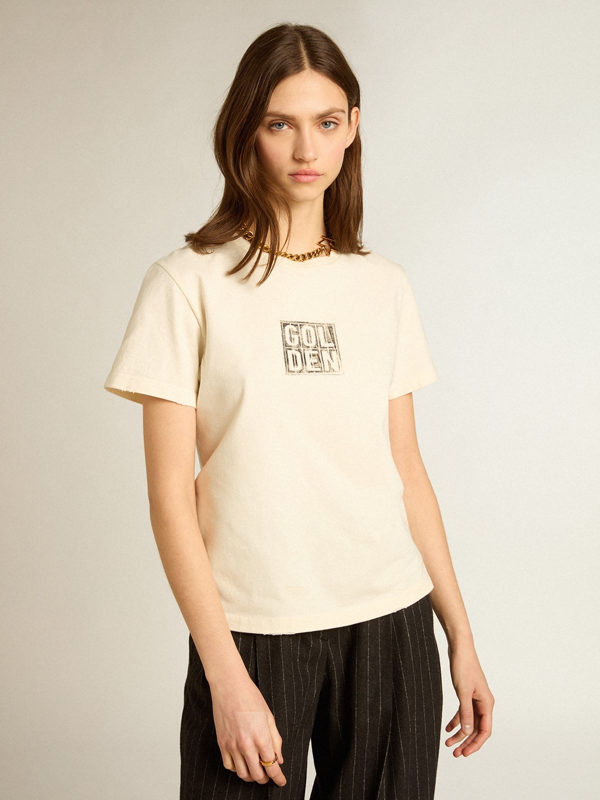 Aged white cotton T-shirt with print on the front - 2