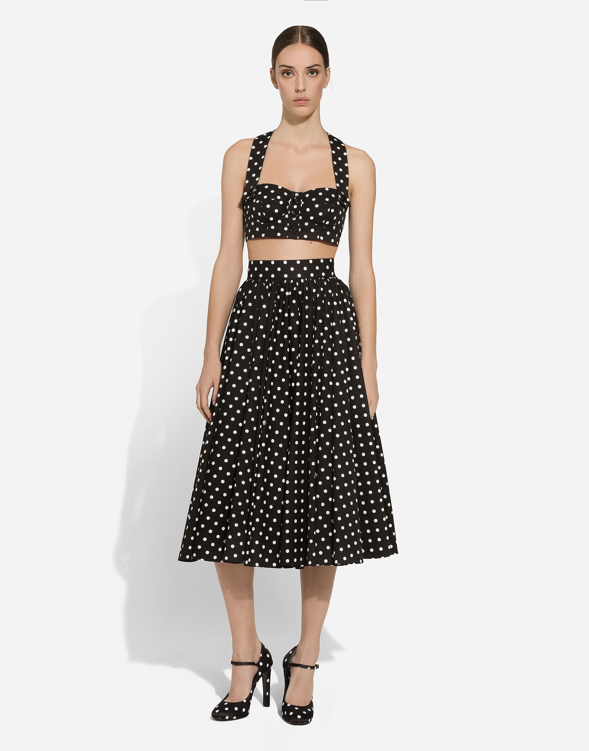 Cotton calf-length circle skirt with polka-dot print - 2