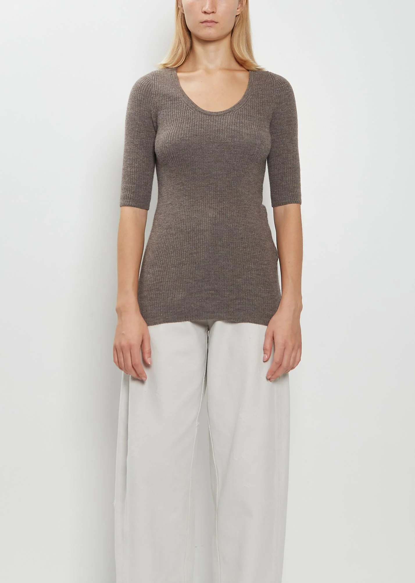 Stretch Wool Alpaca Rib Scoop-Neck Sweater - 1