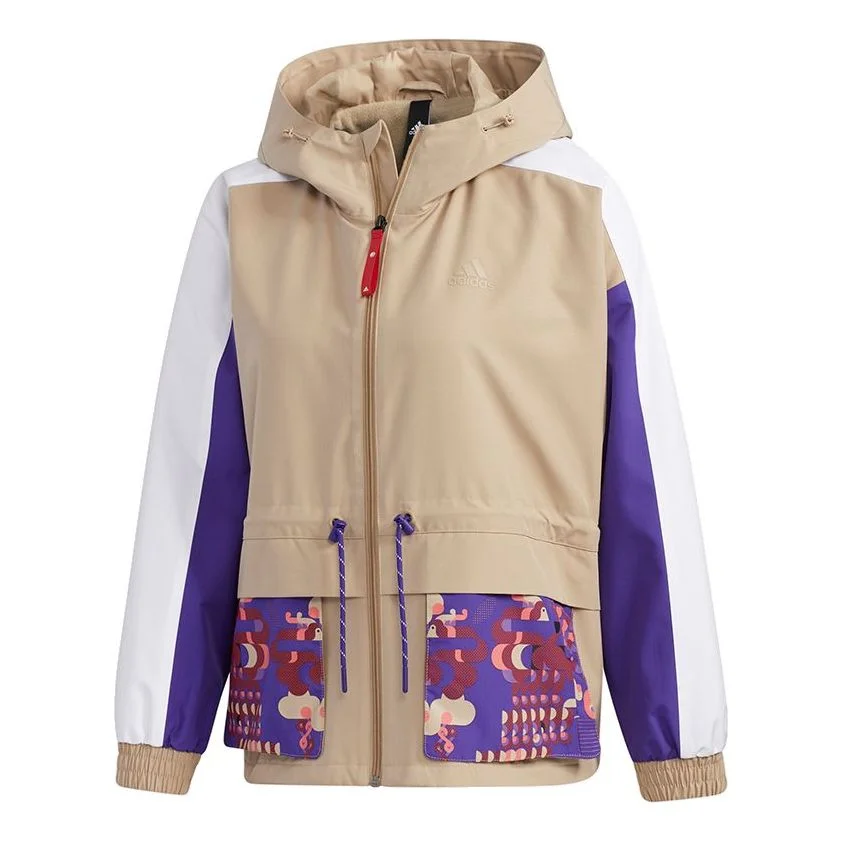 (WMNS) adidas Cny Jkt New Year Series Patchwork Print Pattern Sports Hooded Jacket Khaki Brown GP061 - 1