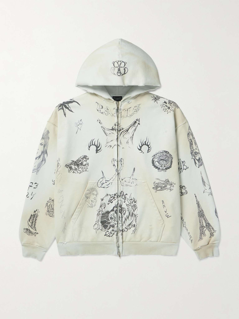 Tat Printed Distressed Cotton-Jersey Zip-Up Hoodie - 1