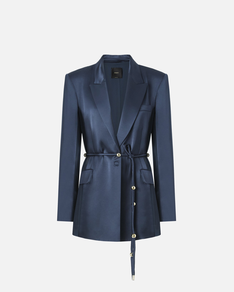 GLOSSY SATIN BLAZER WITH BELT AND SPHERE ACCENT 1