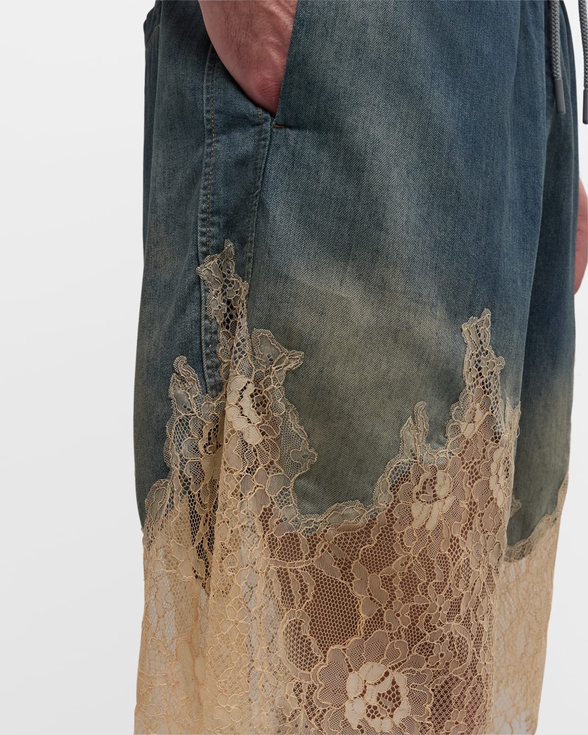 Men's Denim and Lace Drawstring Shorts - 7