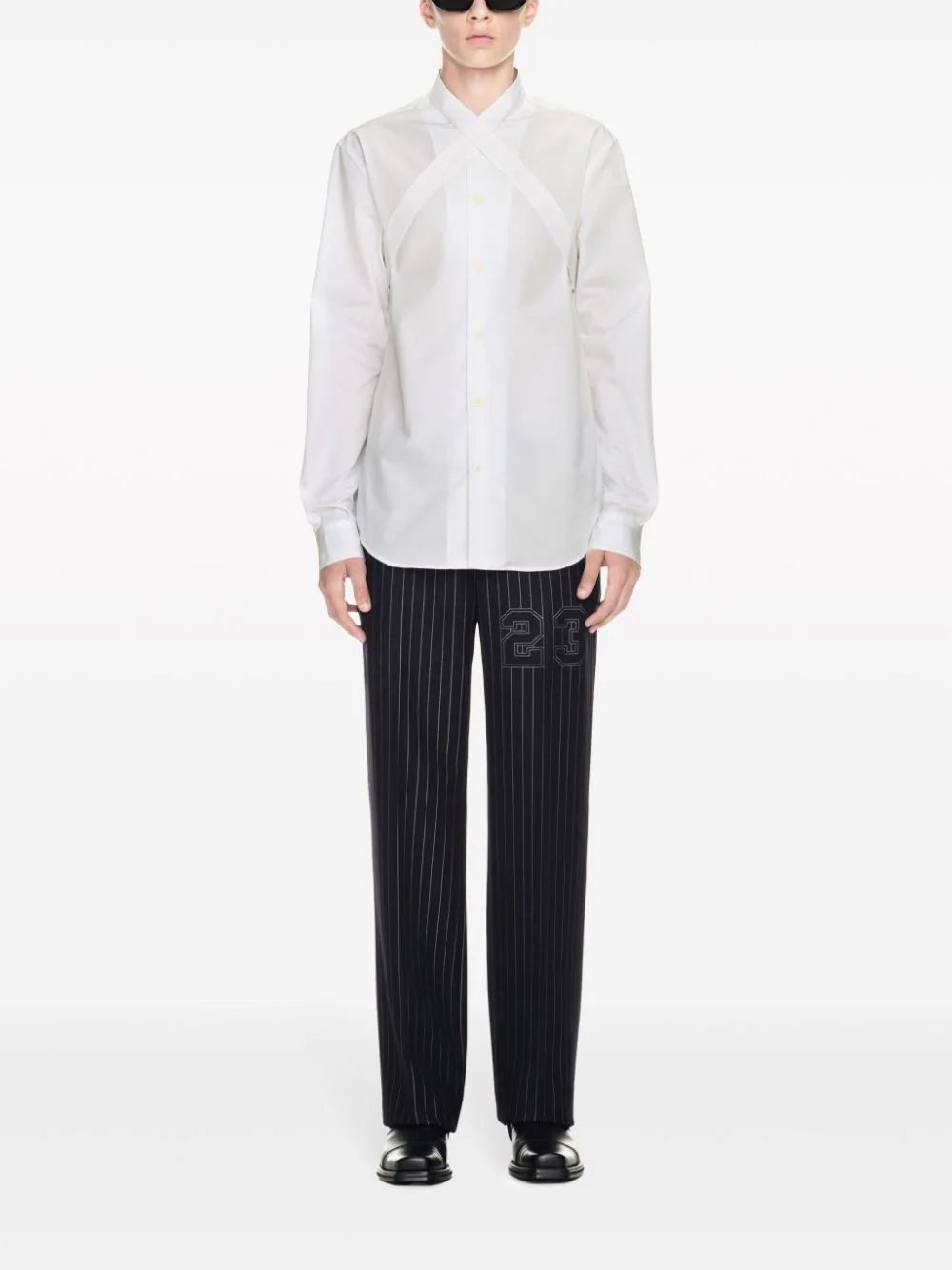NUMBER-PRINT PINSTRIPED SLIM-CUT TROUSERS - 2