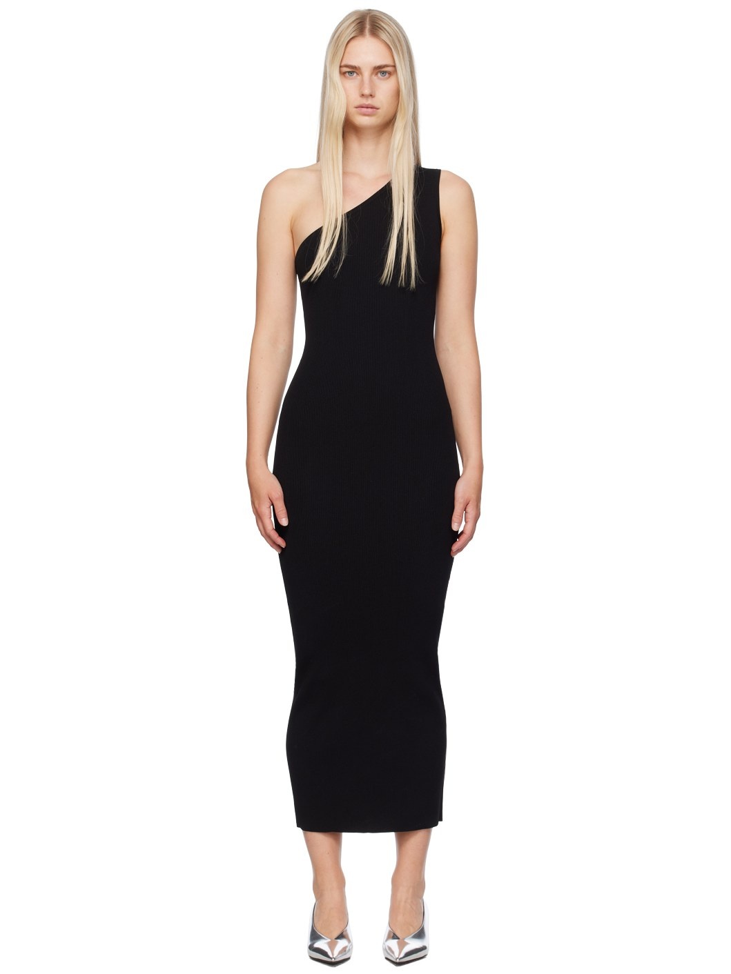 Black One-Shoulder Ribbed Maxi Dress - 1