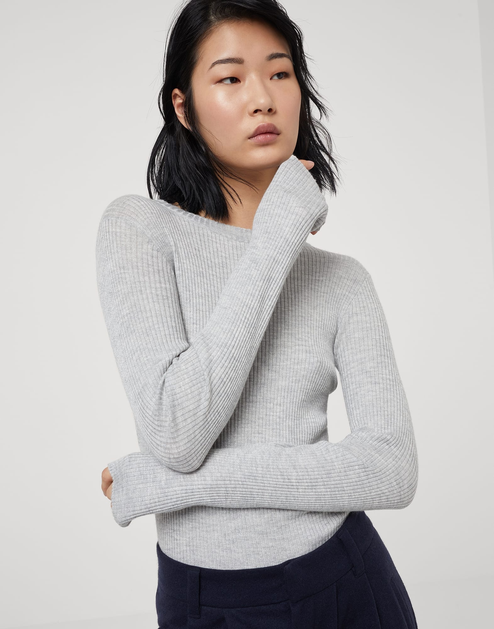 Sparkling cashmere and silk rib knit lightweight sweater - 4