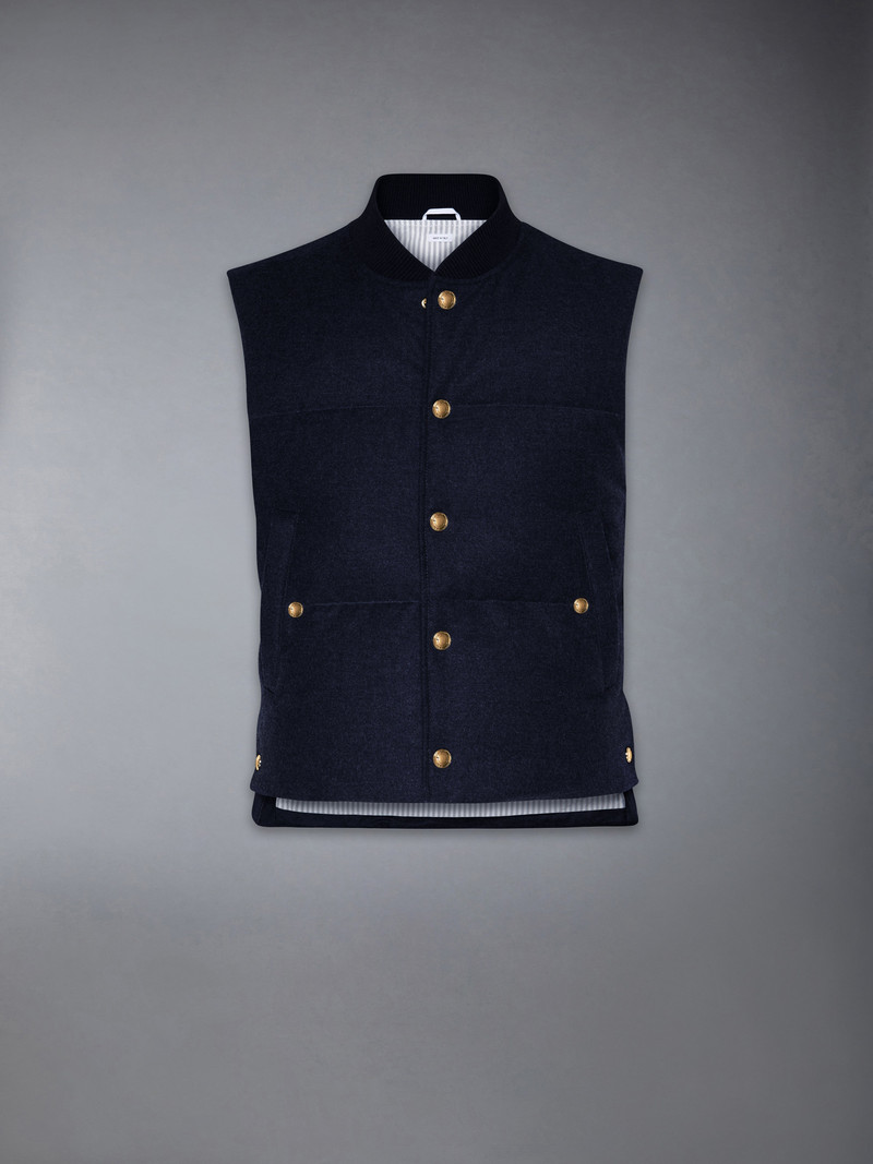 DOWNFILLED SNAP FRONT VEST W/ TONAL GROSGRAIN IN WOOL FLANNEL 1