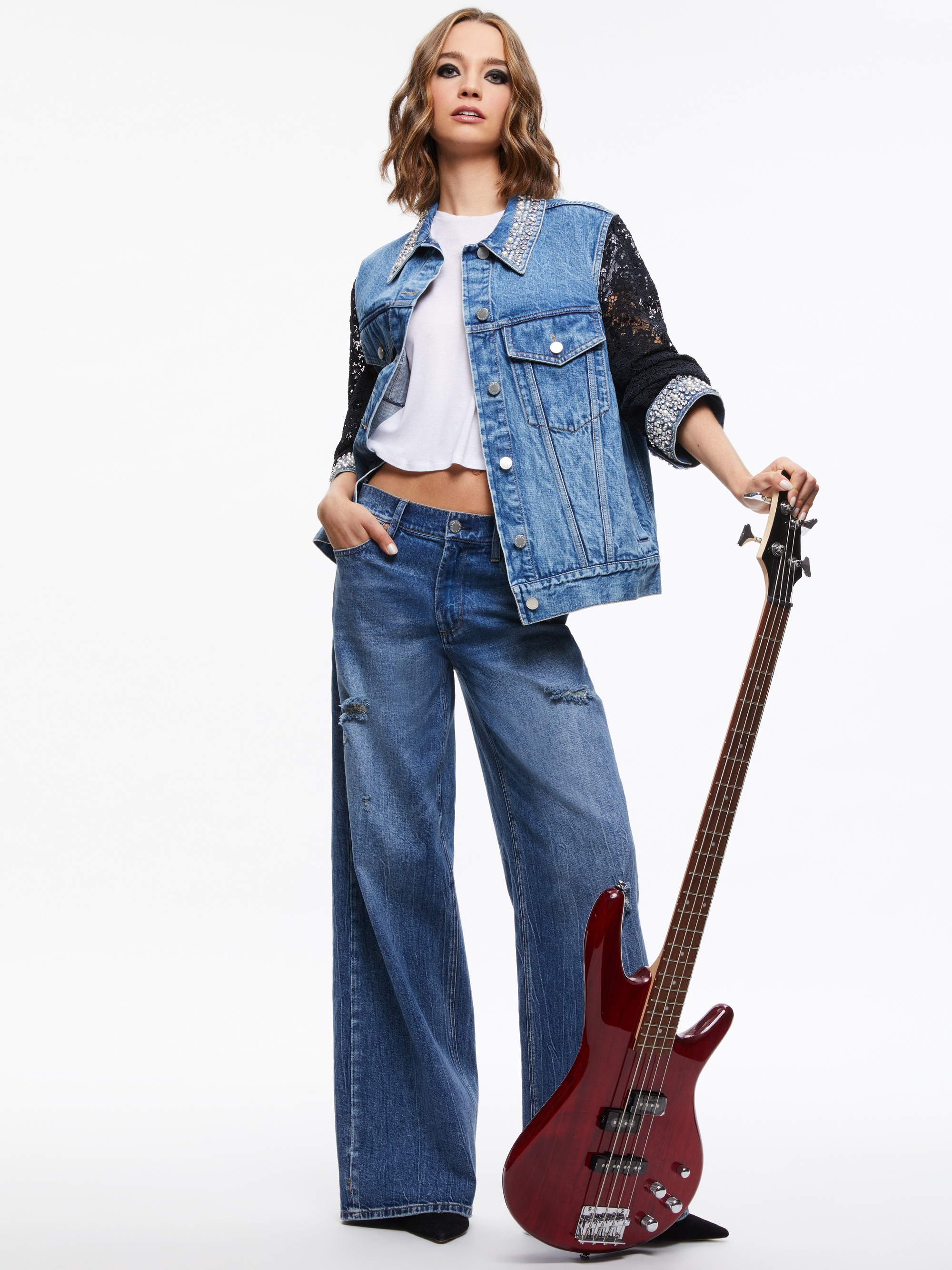 JEFF EMBELLISHED LACE SLEEVE DENIM JACKET - 5
