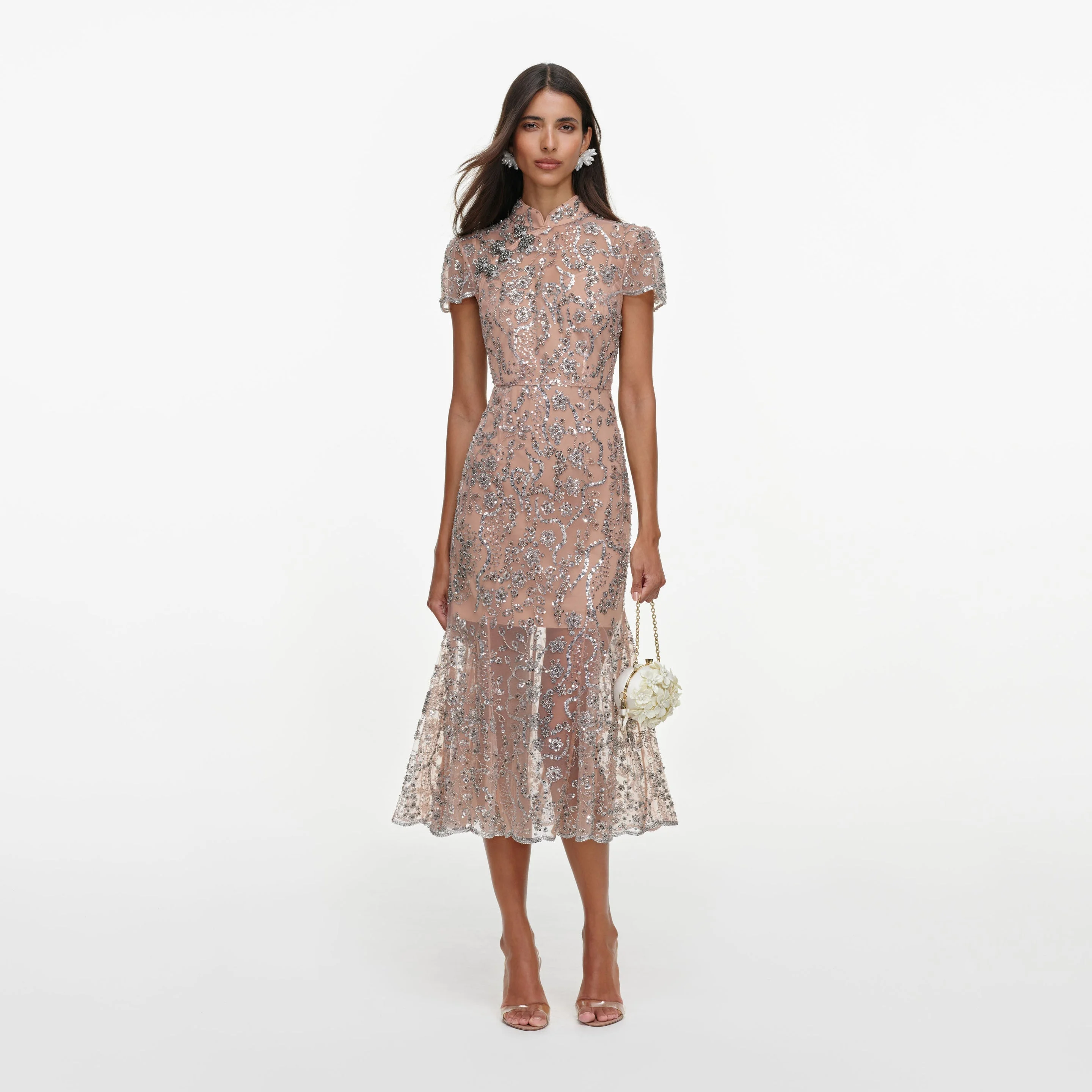 Silver Sequin Embellished Midi Dress - 1