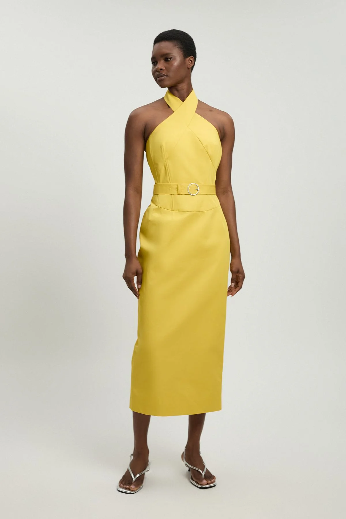 Tailored Cotton Sateen Pencil Belted Midi Dress - 1