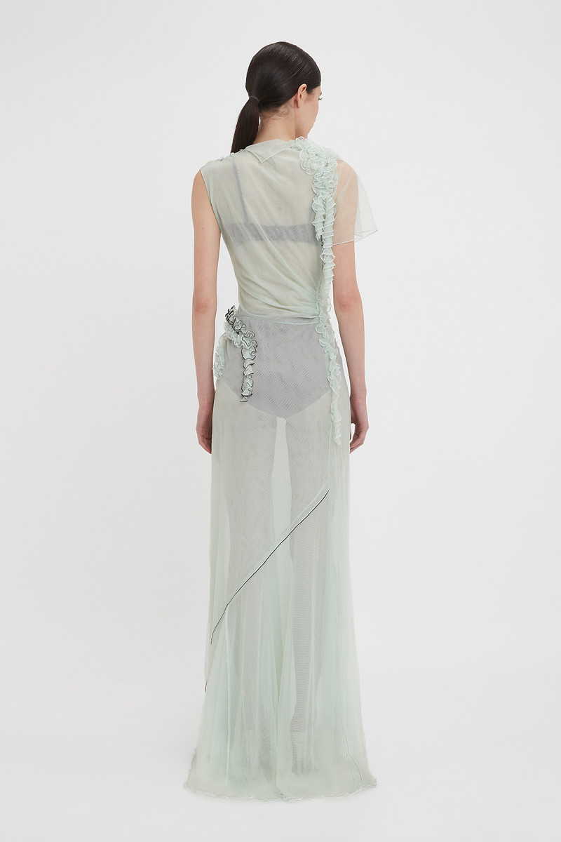 Gathered Tulle Detail Floor-Length Dress In Jade 3