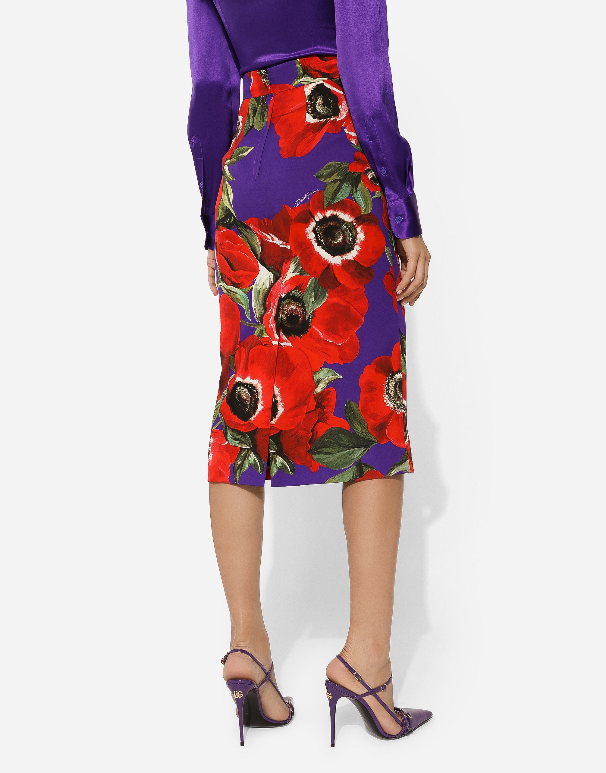 Charmeuse calf-length skirt with anemone print - 4