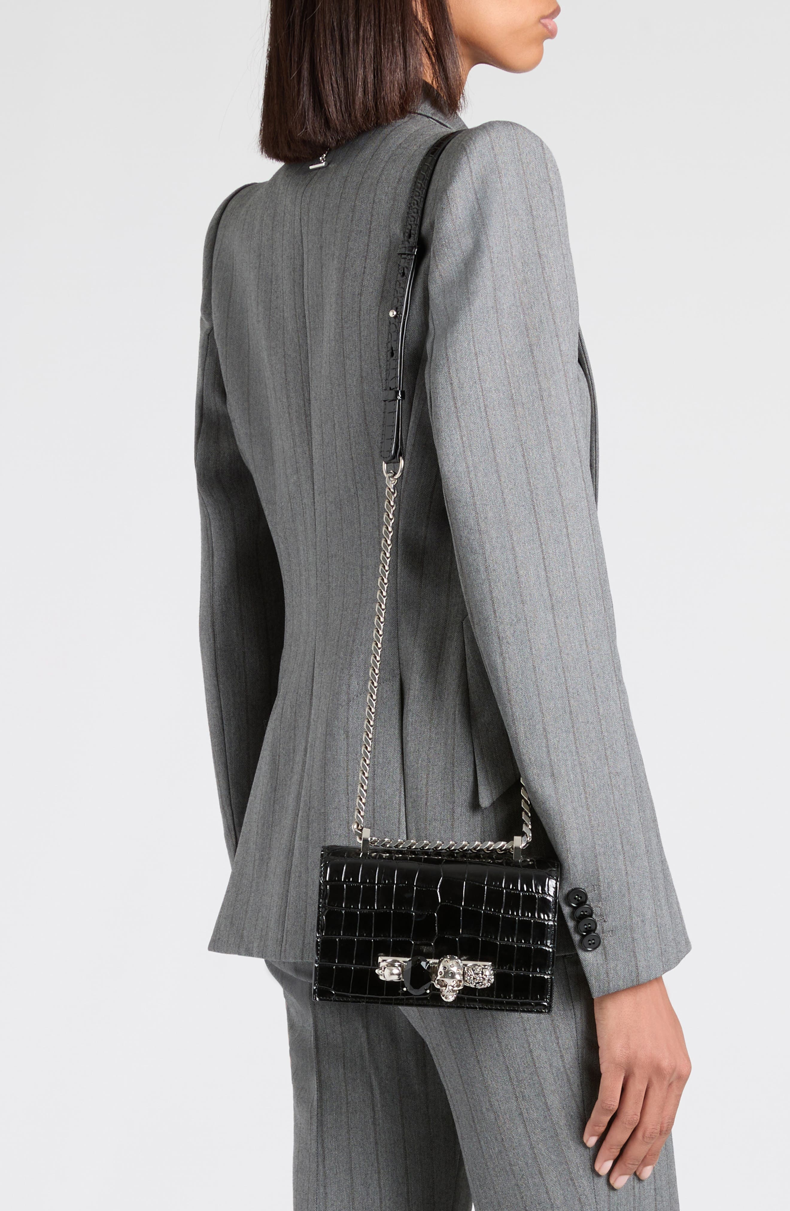 McQueen Mini Jeweled Croc Embossed Leather Crossbody Bag in Black at Nordstrom - 2
