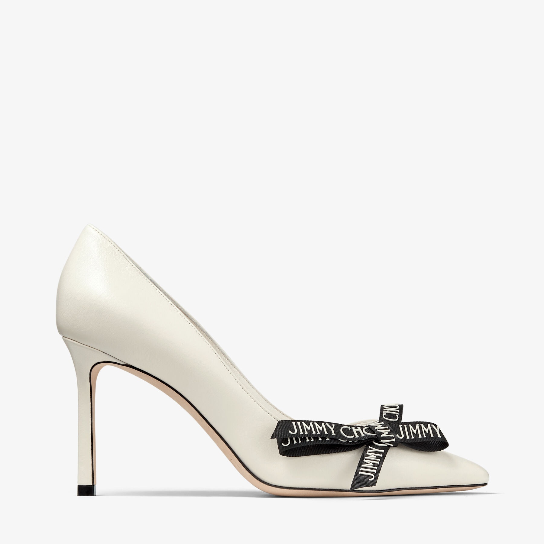 JIMMY CHOO Romy 85 Latte Nappa Leather Pumps with Jimmy Choo Bow |  REVERSIBLE