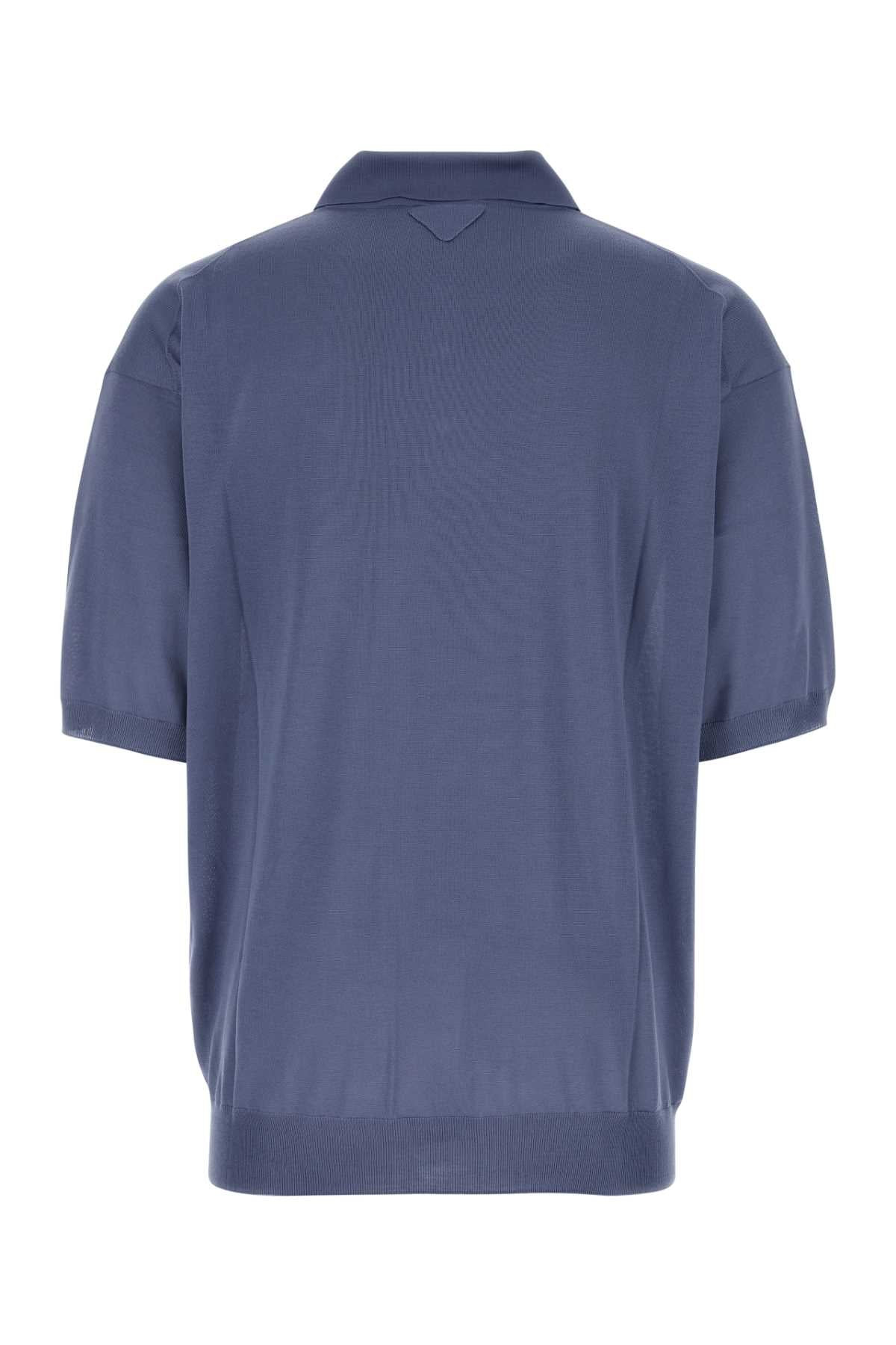 Prada Men Air Force Blue Silk Polo Shirt - 2